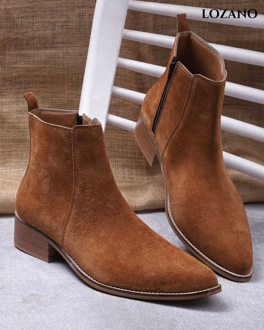 Italian Suede Leather Cuban Heel Boots / Pointed Toe - Tan