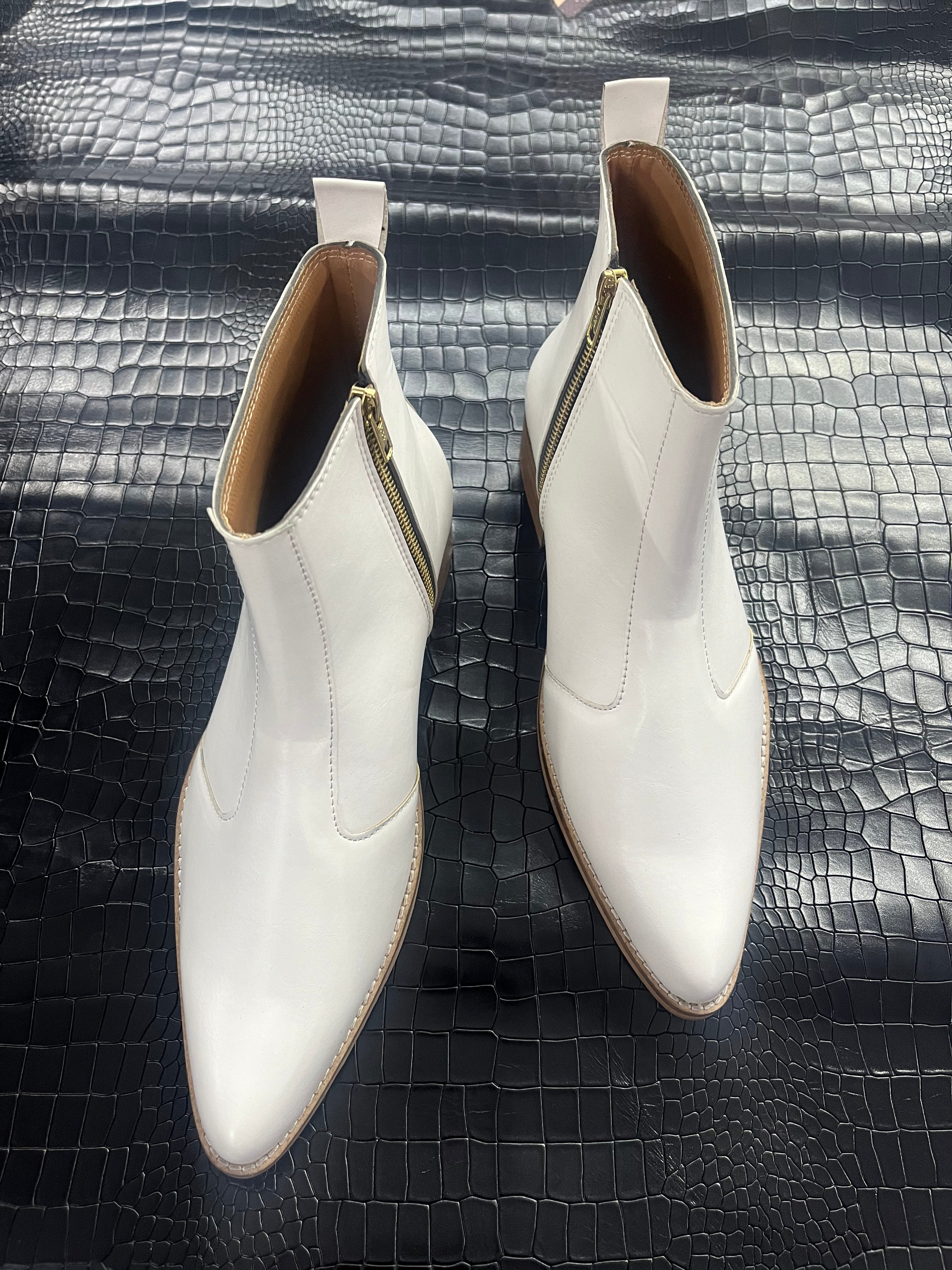 Pointed Toe Leather Boots White - Main Image