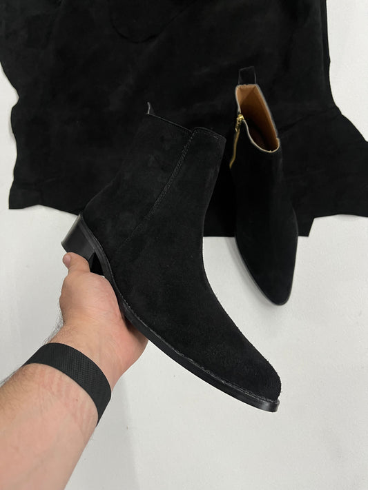 Premium suede leather boots/ Pointed Toe - Black