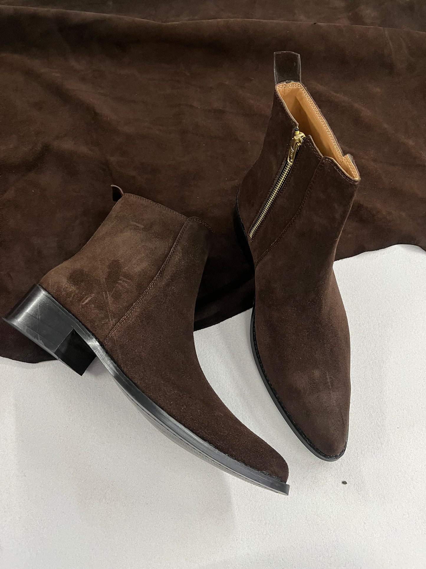 Premium suede leather boots/ Pointed Toe - Dark Brown