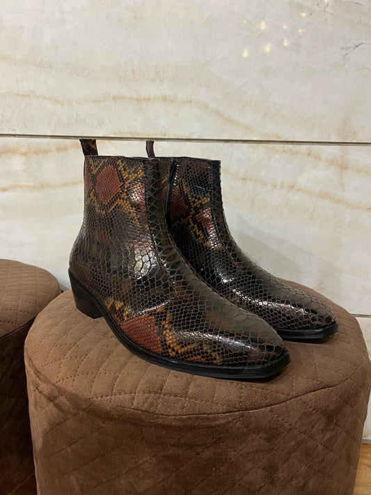 Exotic foil leather boots