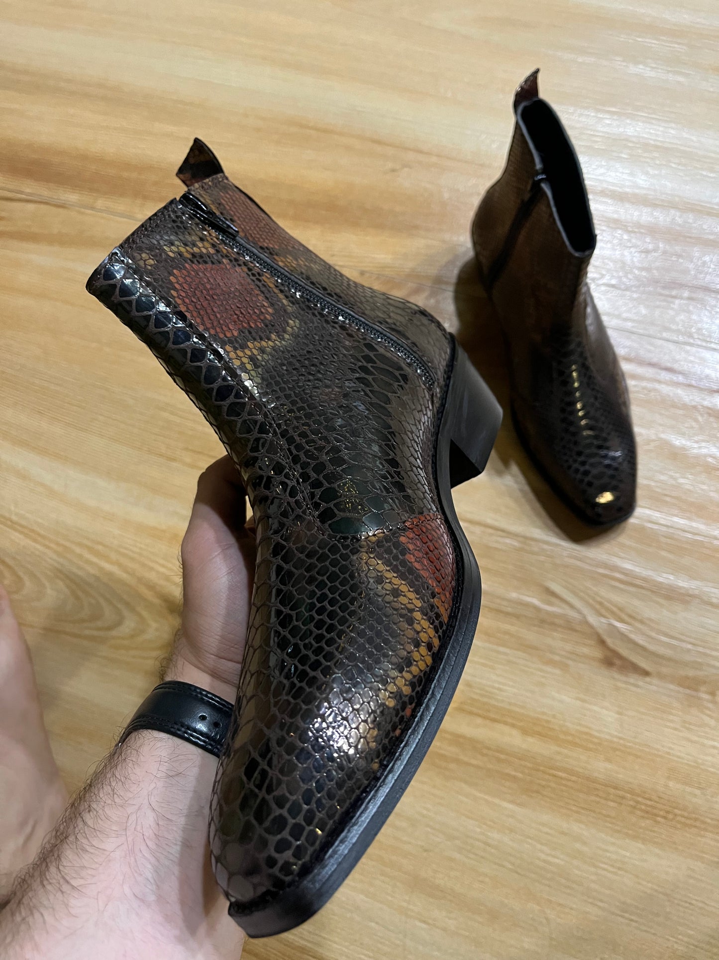 Exotic foil leather boots