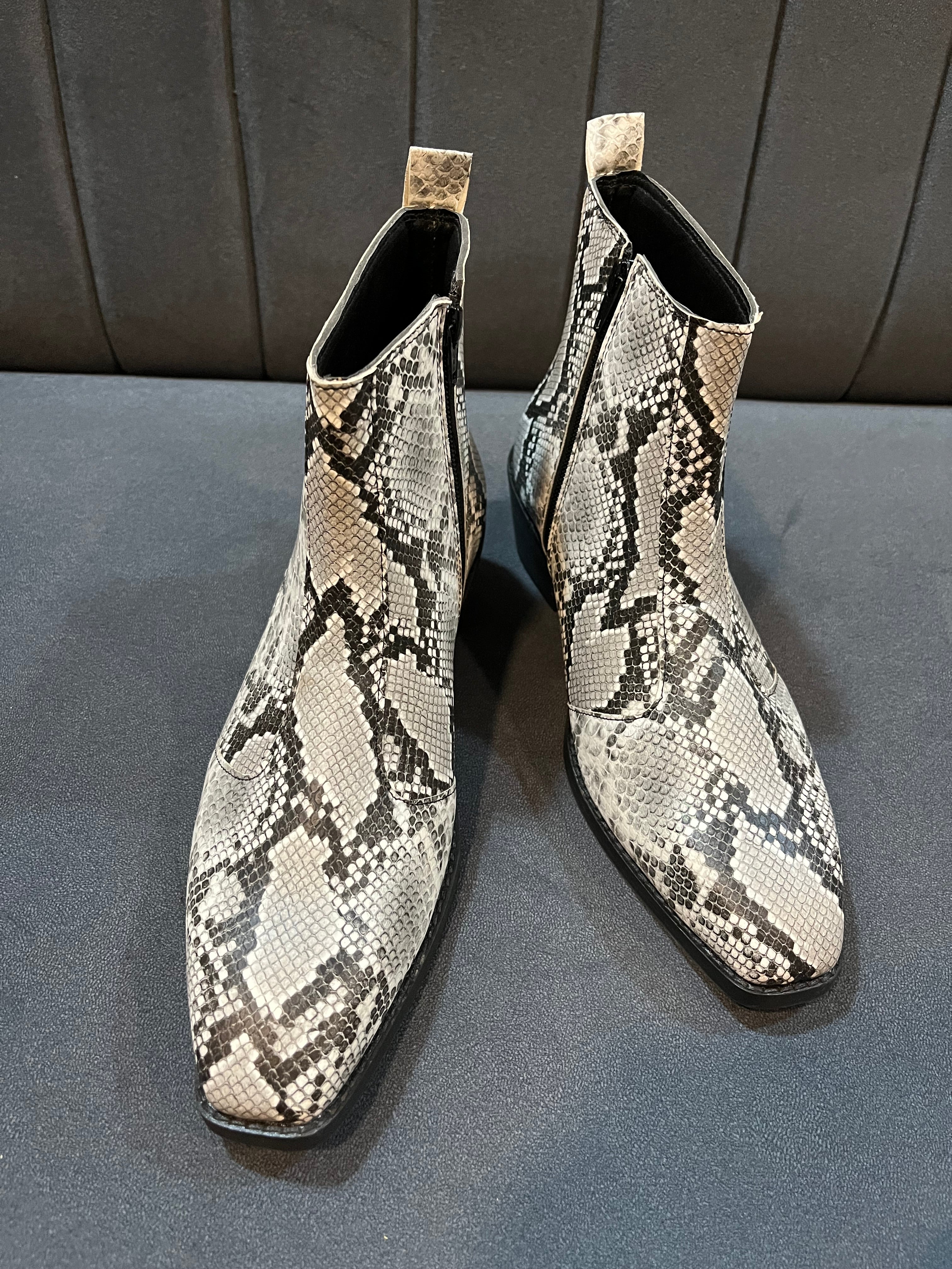 Exotic Foil Leather Boots - Black & White