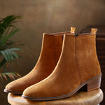 Suede Leather Cuban Heel Boots - Tan