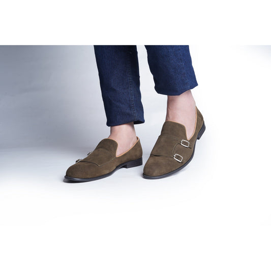 SUEDE MONK SLIP ONS - OLIVE