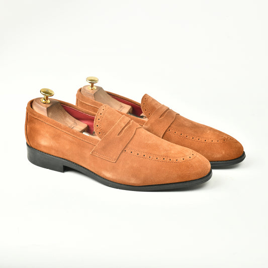 Premium Brogue Suede Slip Ons - Tan