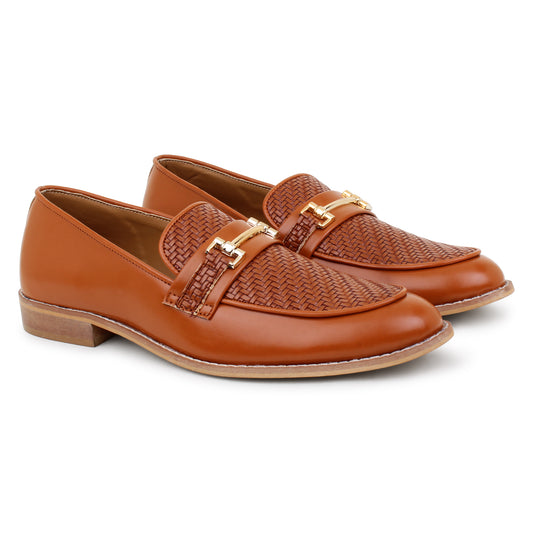 Woven Leather Slip Ons with Saddle - Tan