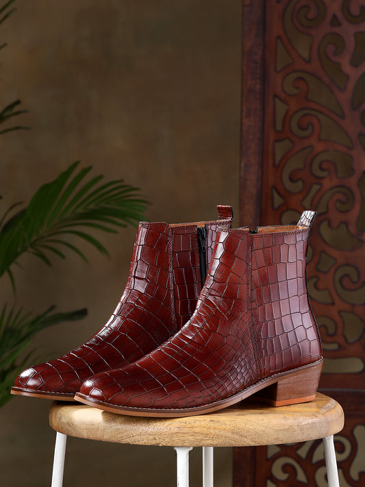 Premium Croco Cuban Boots - Brown