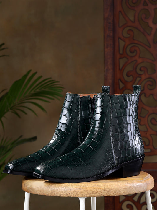 Italian Croco Leather Boots (Green) - Square Toe
