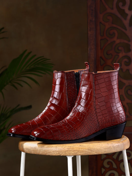 Italian Croco Leather Boots ( Tan ) - Square Toe