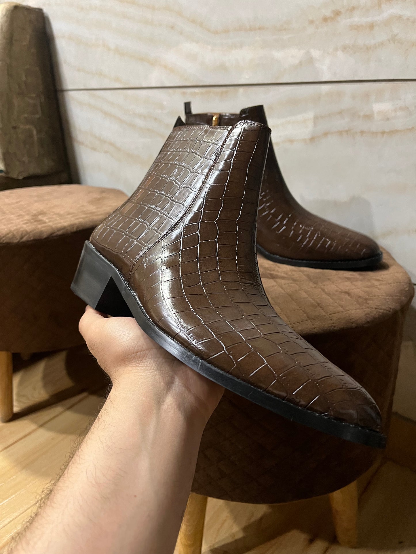 PREMIUM CROCO BOOTS / CUBAN HEEL - BROWN