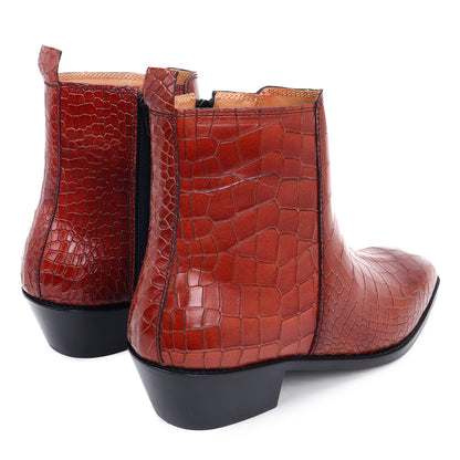 Italian Croco Leather Boots ( Tan ) - Square Toe