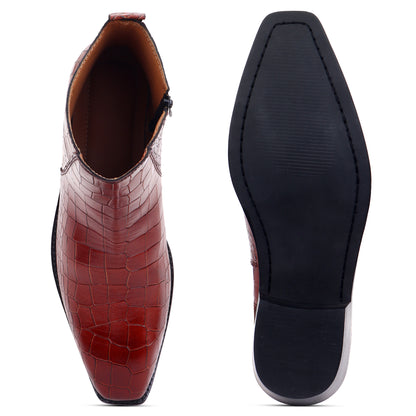 Italian Croco Leather Boots ( Tan ) - Square Toe