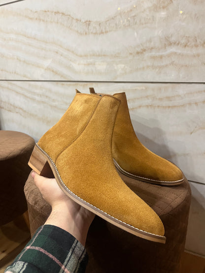 Suede Leather Cuban Heel Boots - Tan