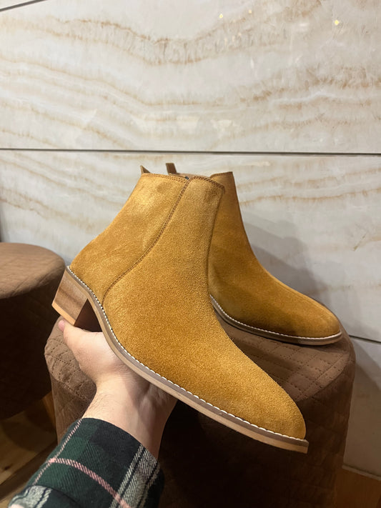 Suede Leather Cuban Heel Boots - Tan