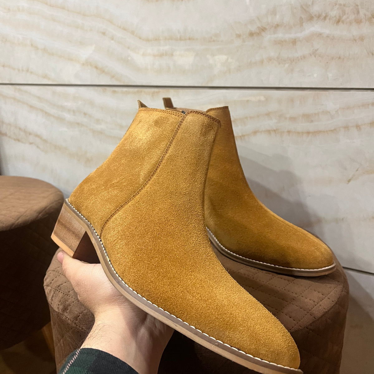 Suede Leather Cuban Heel Boots - Tan - Hover Image