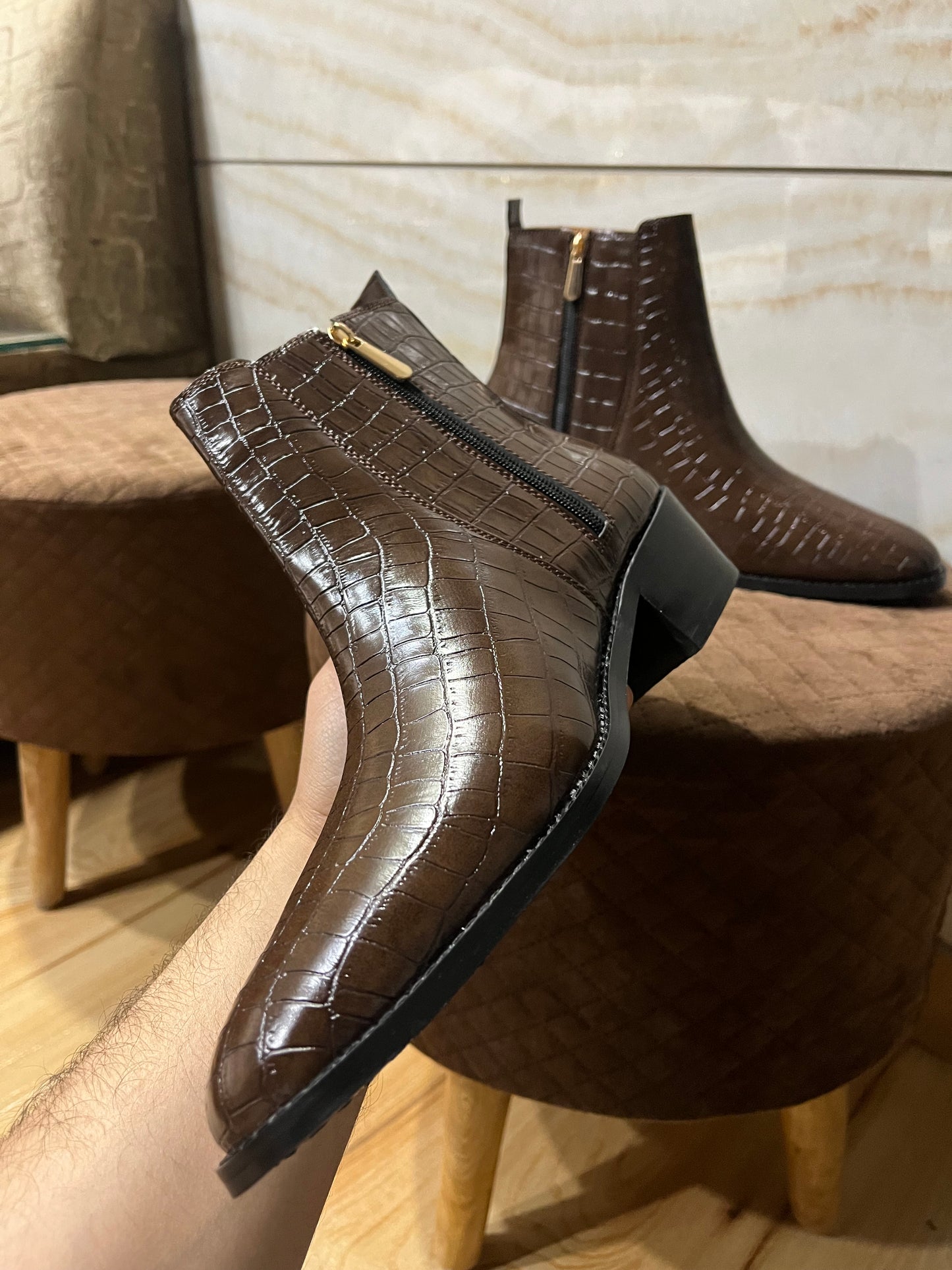 PREMIUM CROCO BOOTS / CUBAN HEEL - BROWN