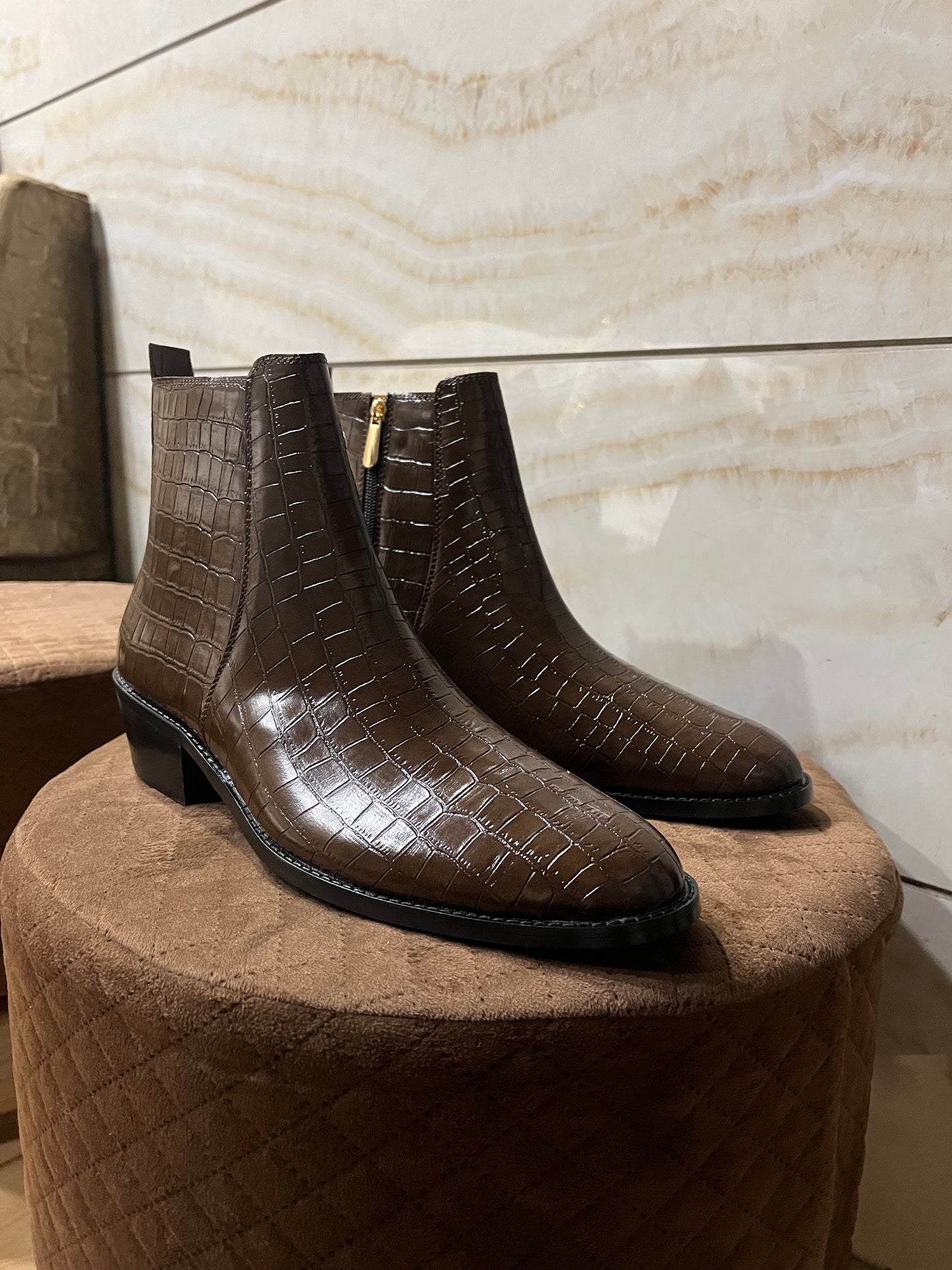 PREMIUM CROCO BOOTS / CUBAN HEEL - BROWN