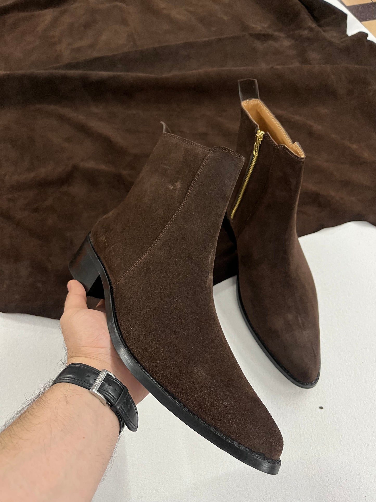 Premium suede leather boots/ Pointed Toe - Dark Brown