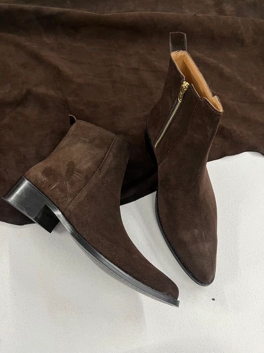 Premium suede leather boots/ Pointed Toe - Dark Brown