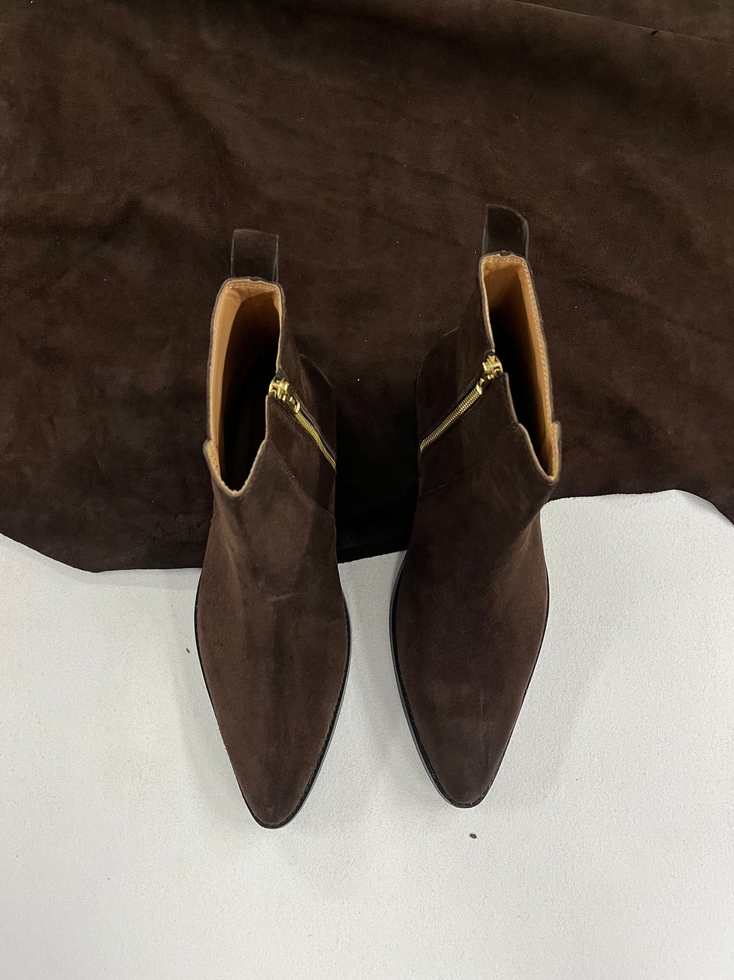Premium suede leather boots/ Pointed Toe - Dark Brown