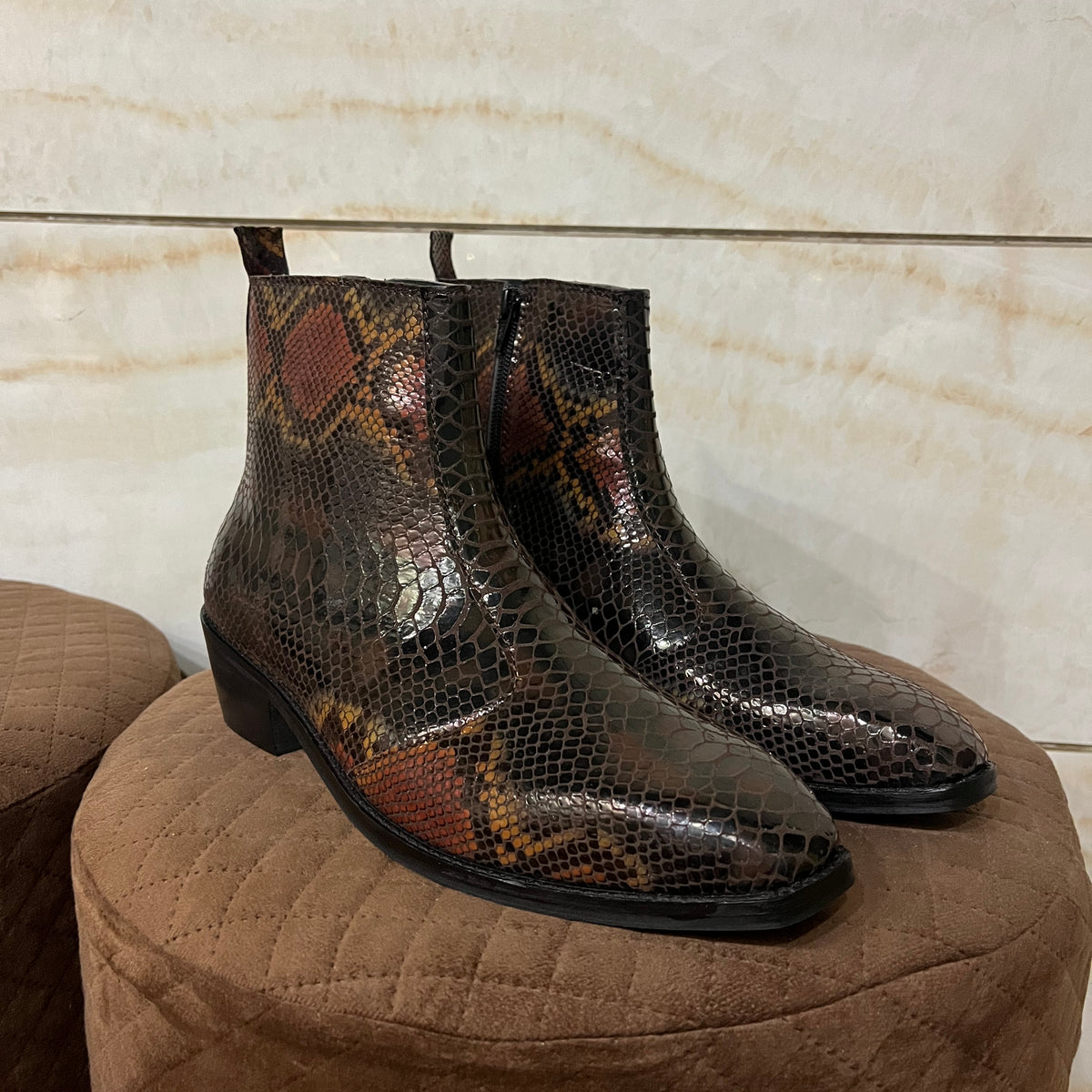 Exotic foil leather boots