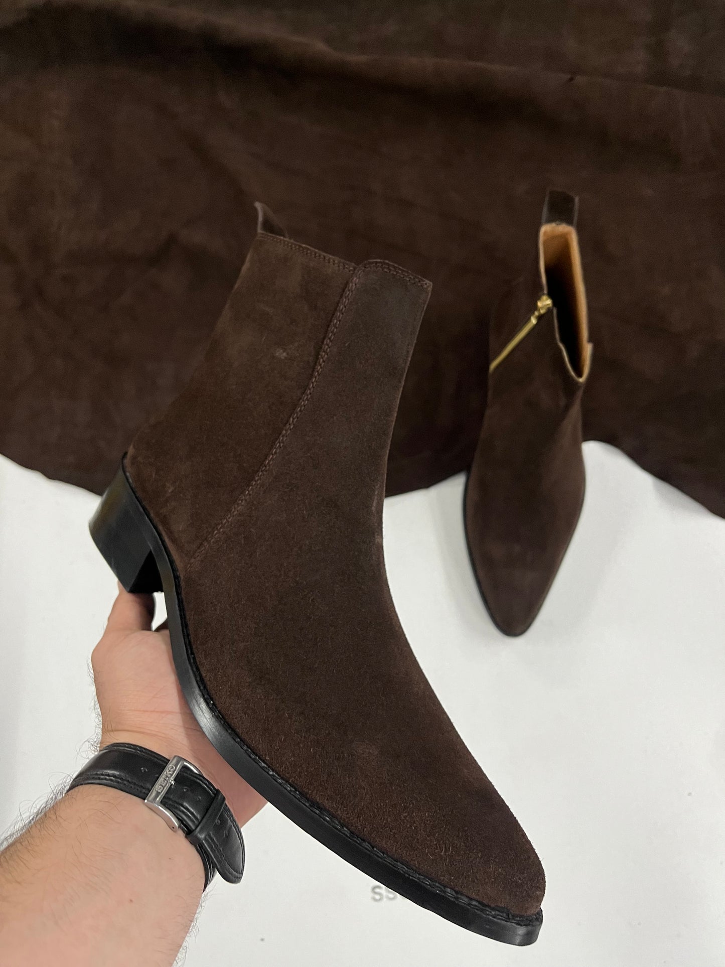 Premium suede leather boots/ Pointed Toe - Dark Brown