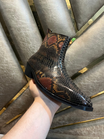 Exotic foil leather boots