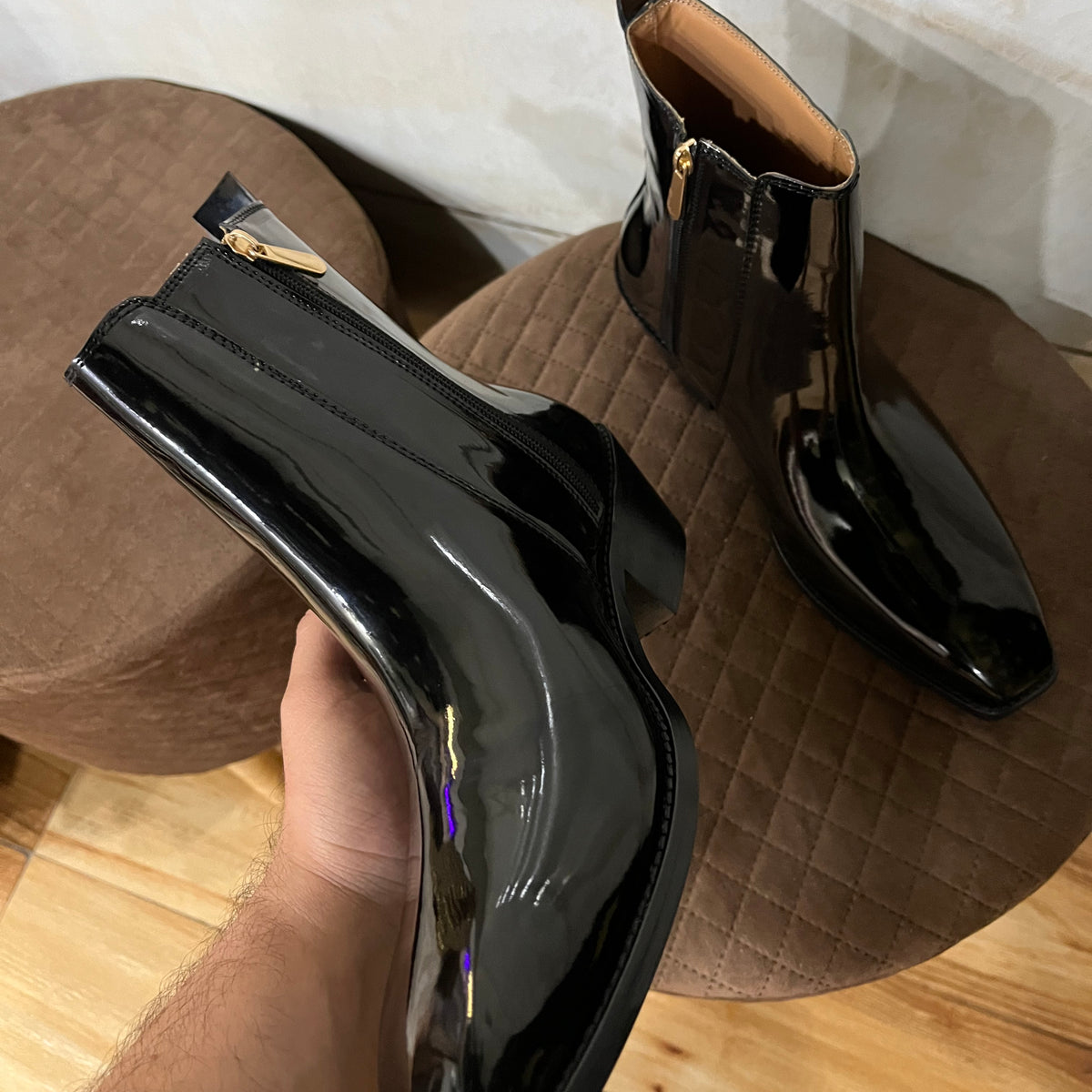 Italian Cut Patent Boots - Hover Image