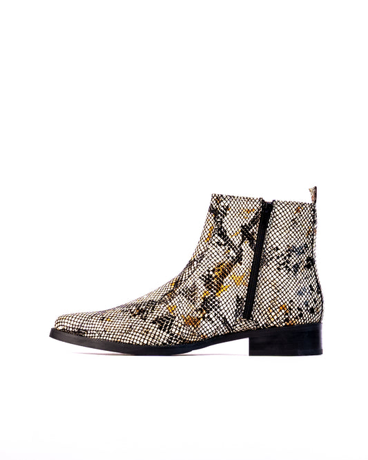 Exotic Foil Leather Boots - Pointed Toe ( White/ Black/Cream )
