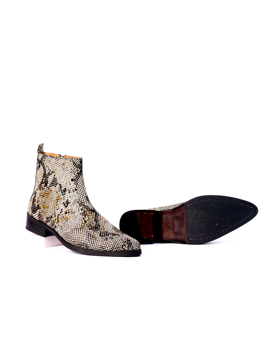 Exotic Foil Leather Boots - Pointed Toe ( White/ Black/Cream )