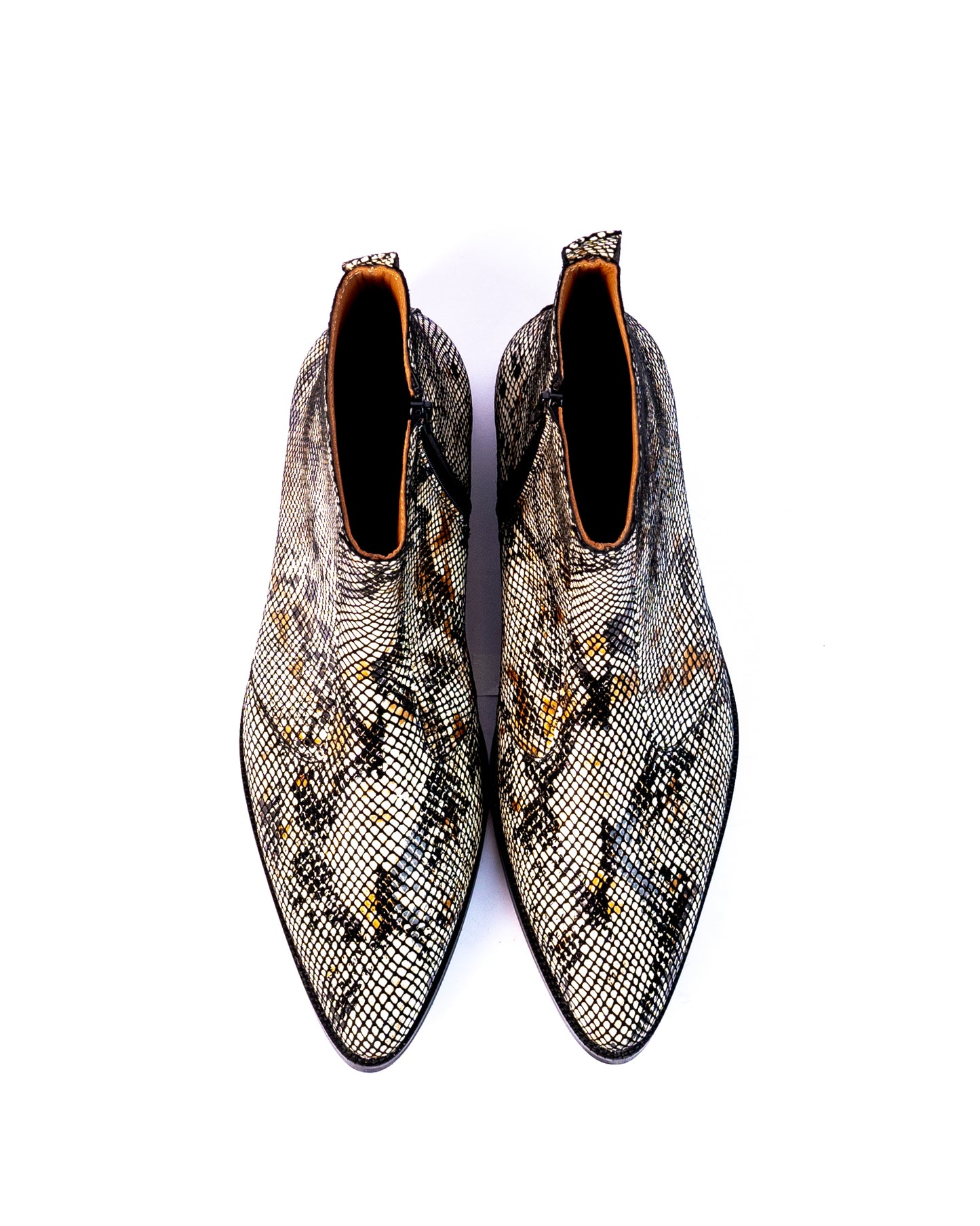 Exotic Foil Leather Boots - Pointed Toe ( White/ Black/Cream )