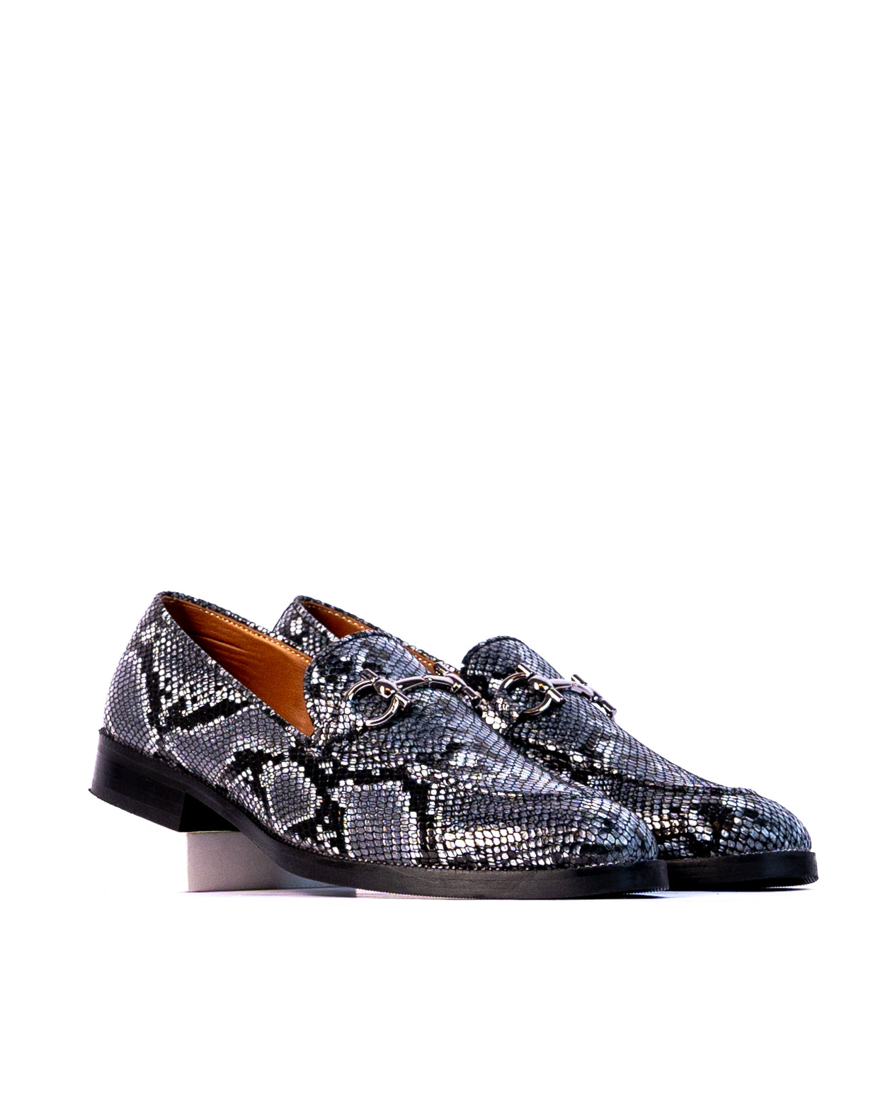 Exotic Foil Leather Slip Ons- ( Blue/ Black )