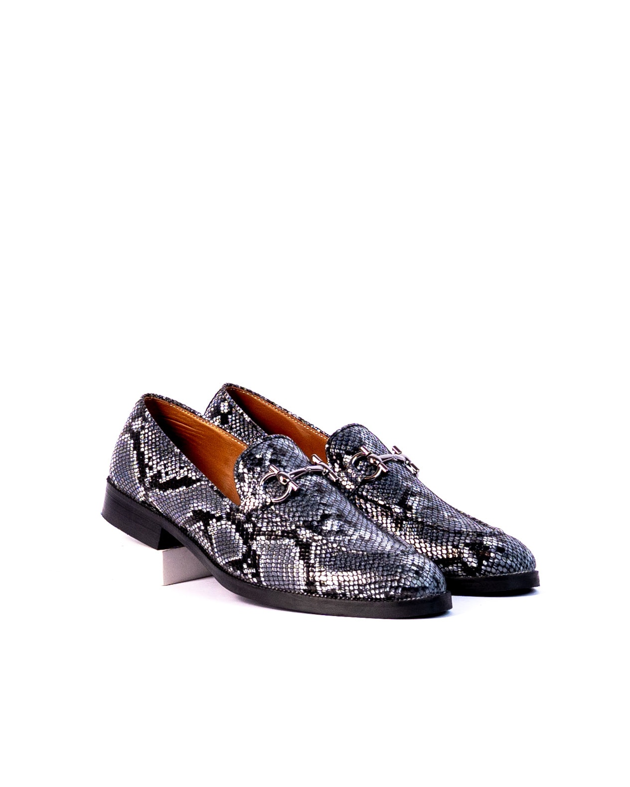 Exotic Foil Leather Slip Ons- ( Blue/ Black )