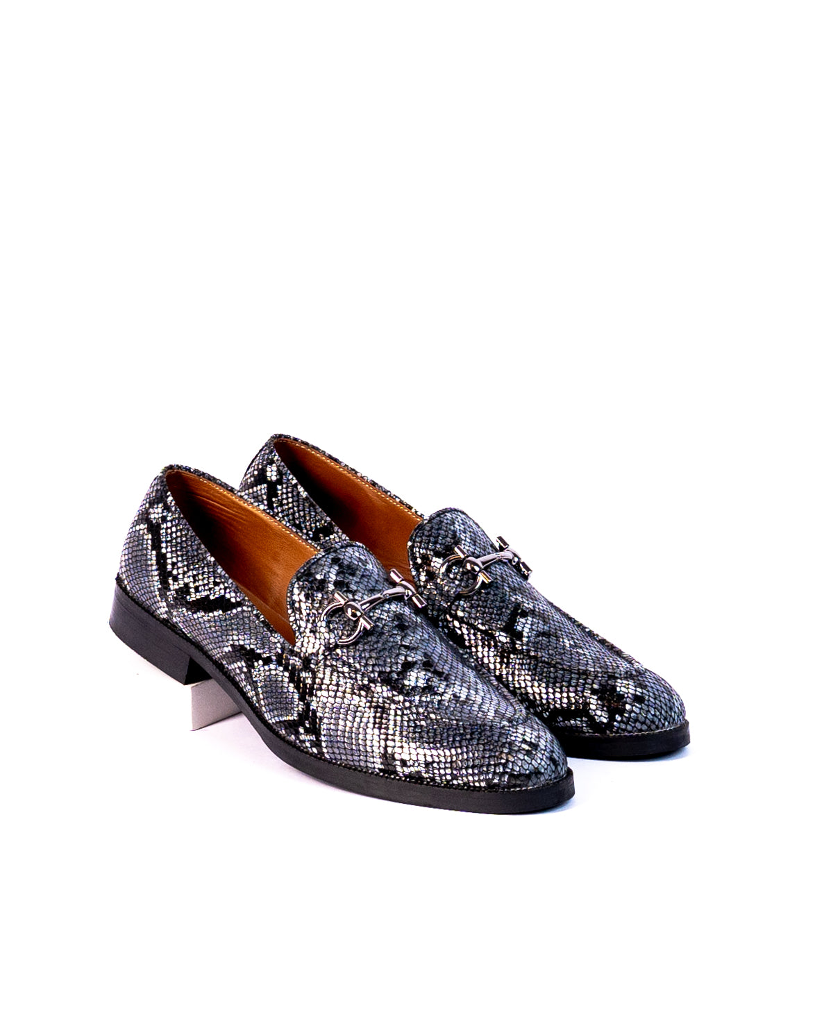 Exotic Foil Leather Slip Ons- ( Blue/ Black )