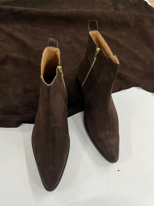 Premium suede leather boots/ Pointed Toe - Dark Brown