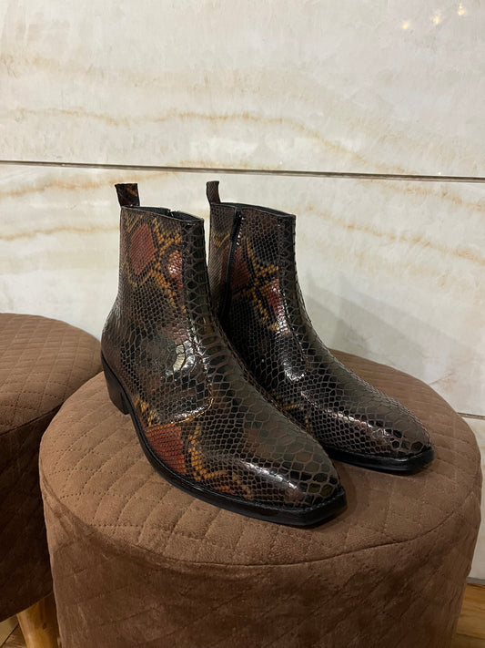 Exotic foil leather boots