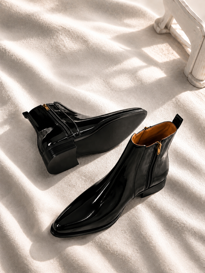 THE NOIR – Black Patent Leather Pointed Toe Boots