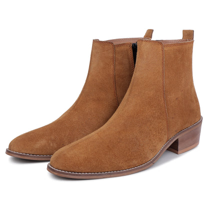 Suede Leather Cuban Heel Boots - Tan