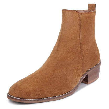Suede Leather Cuban Heel Boots - Tan