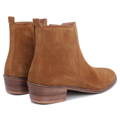 Suede Leather Cuban Heel Boots - Tan