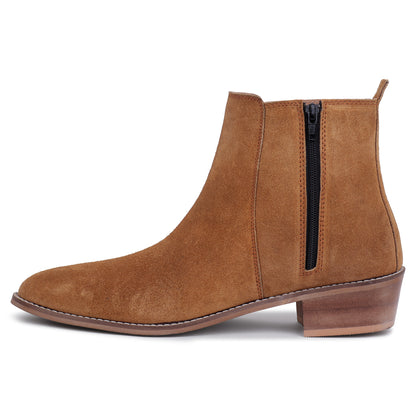 Suede Leather Cuban Heel Boots - Tan