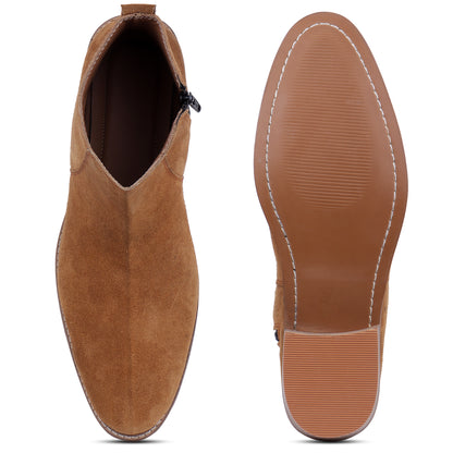 Suede Leather Cuban Heel Boots - Tan