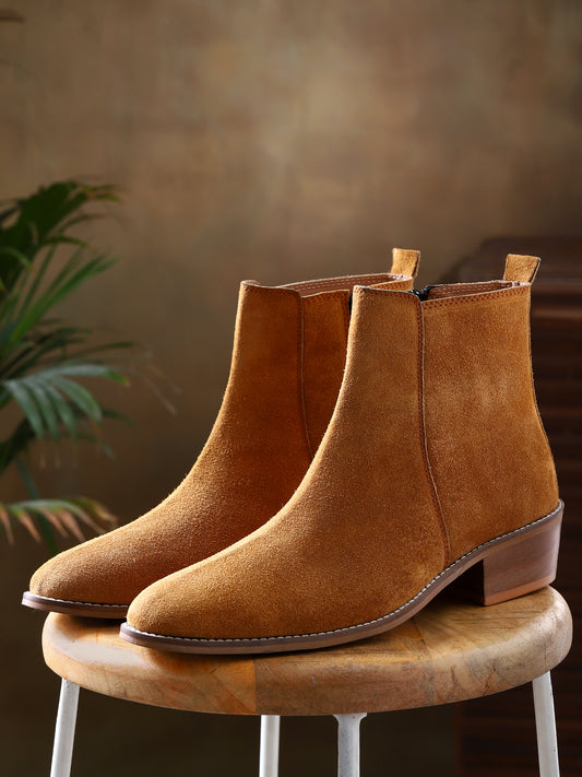 Suede Leather Cuban Heel Boots - Tan