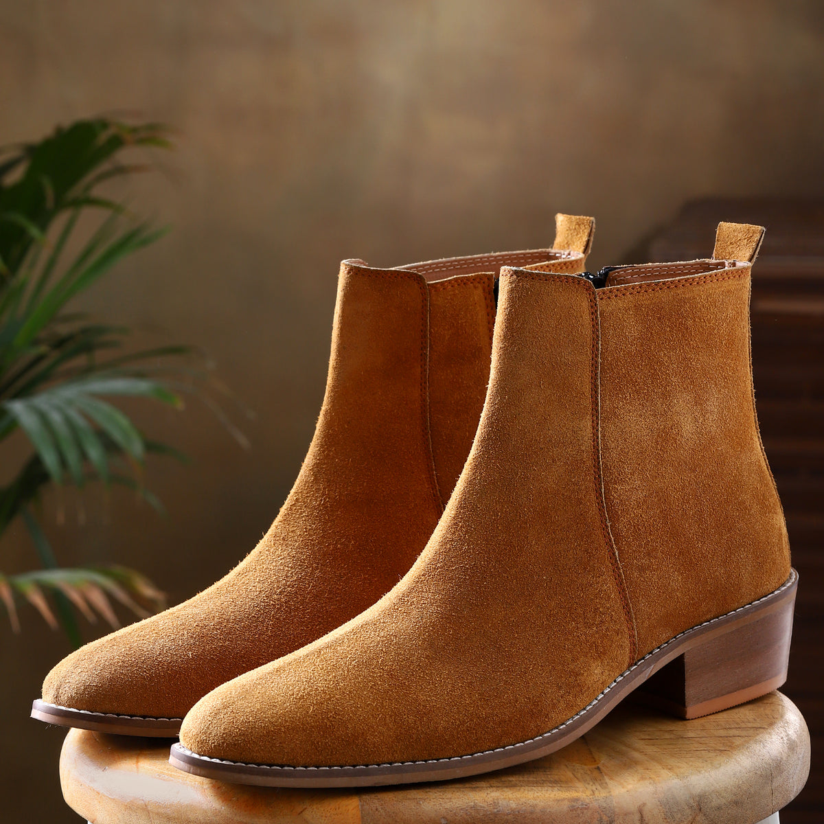Suede Leather Cuban Heel Boots - Tan