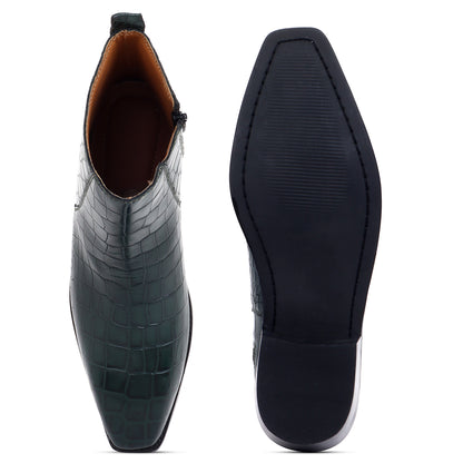 Italian Croco Leather Boots (Green) - Square Toe