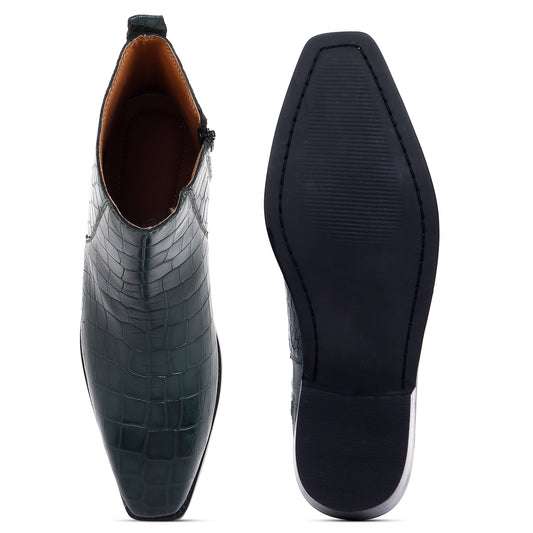 Italian Croco Leather Boots (Green) - Square Toe