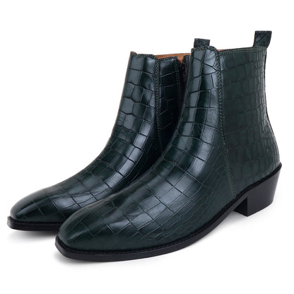 Italian Croco Leather Boots (Green) - Square Toe