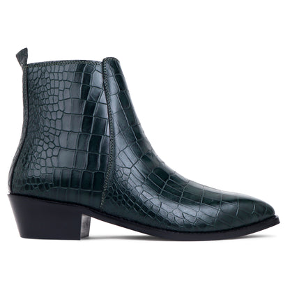 Italian Croco Leather Boots (Green) - Square Toe