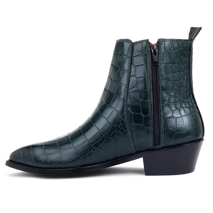 Italian Croco Leather Boots (Green) - Square Toe